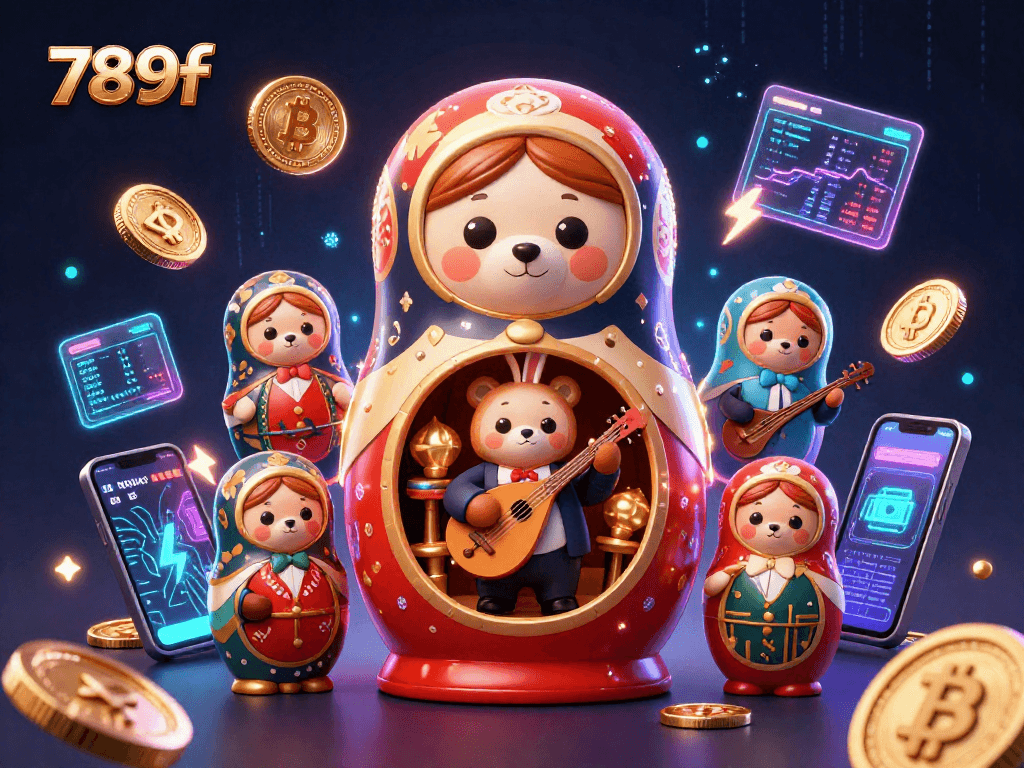 Win big with 789f at this vibrant 3D casino scene featuring iconic characters and crypto elements.