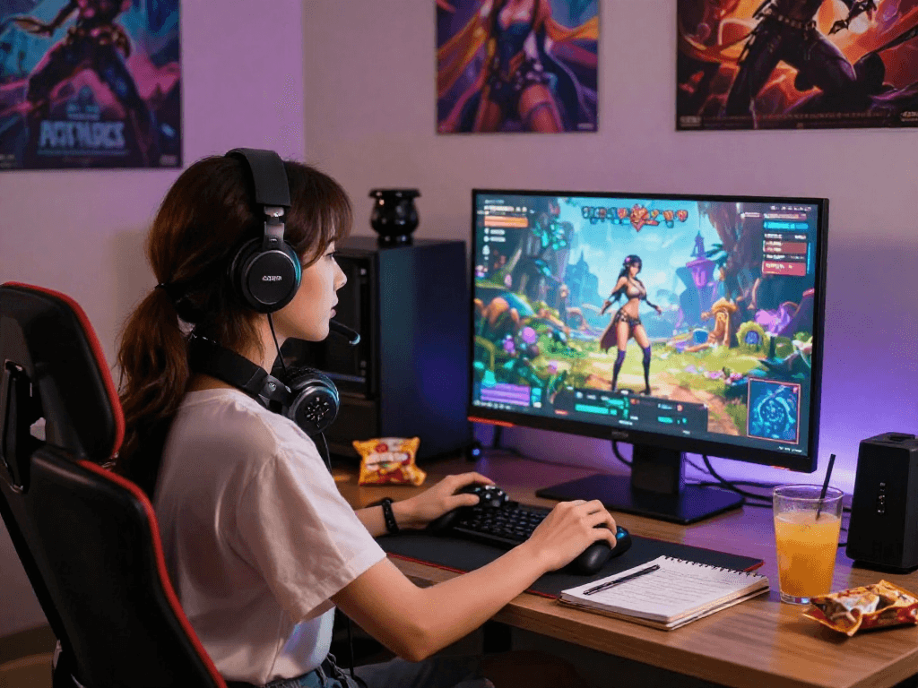 Engaged female gamer playing a female porn game in a cozy, colorful room with posters and ambient lighting.