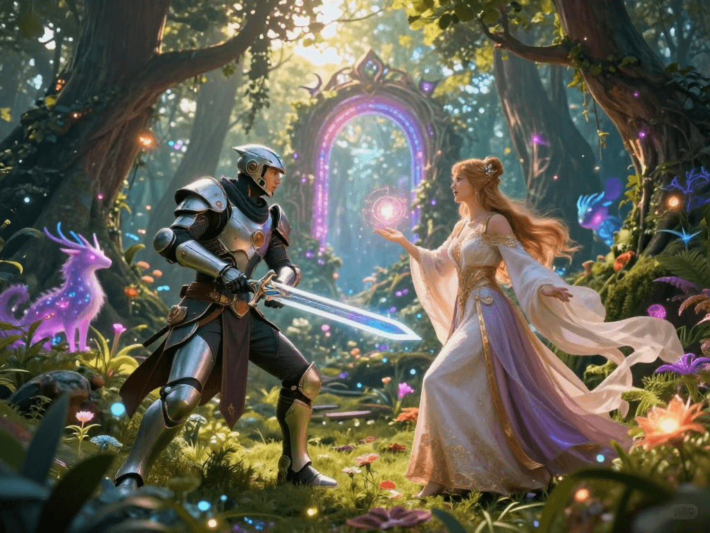 Dynamic scene of avatars engaging in nsfw ai roleplay in an enchanted forest.