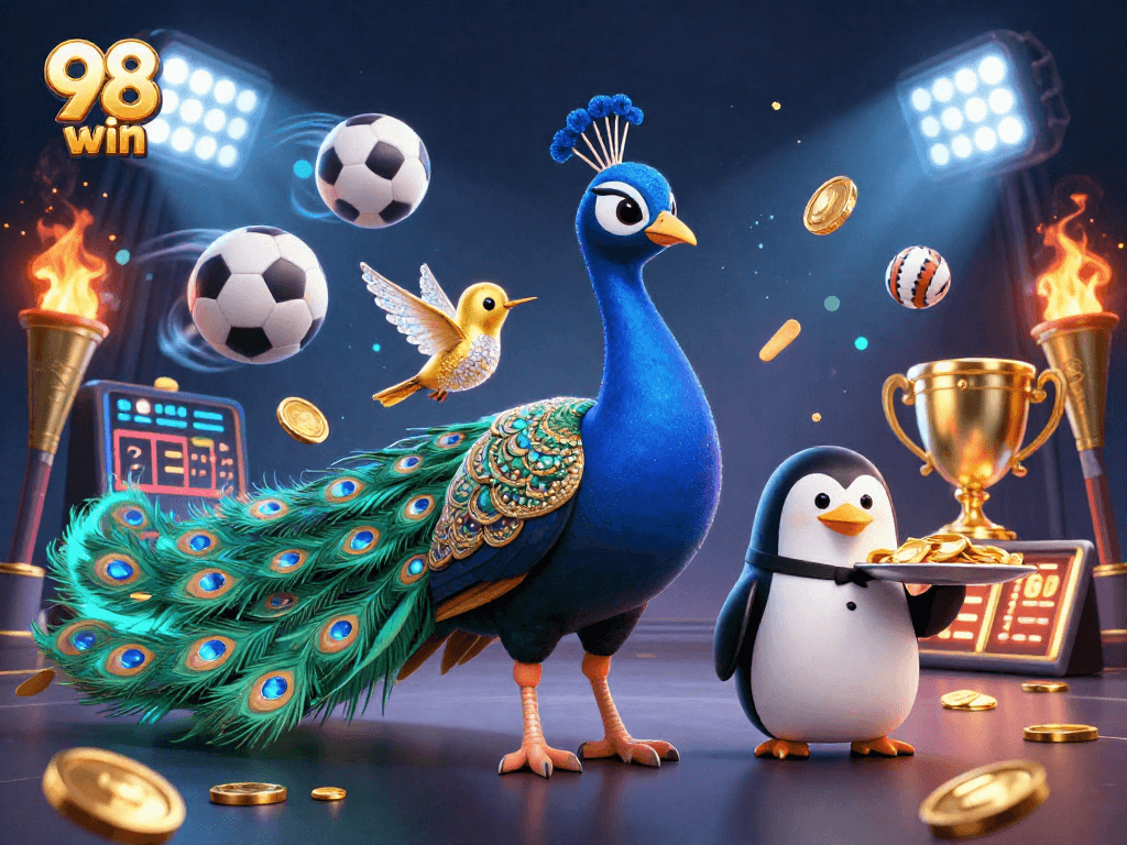 Experience winning with 98 win in this lively 3D illustration featuring gaming excitement.