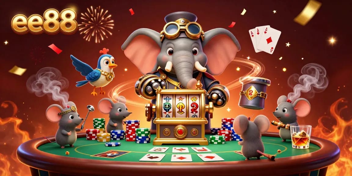 ee88 engages players with a vibrant slot machine scene featuring steampunk characters and rich casino elements.
