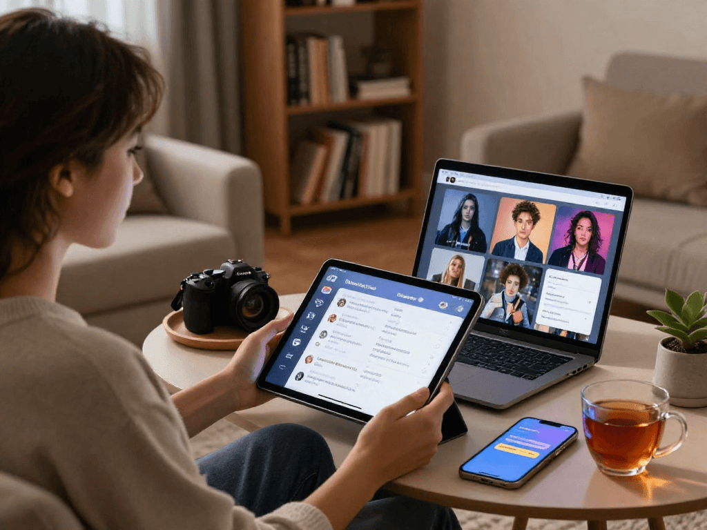 Engaging with sex ai on a tablet in a cozy living room.
