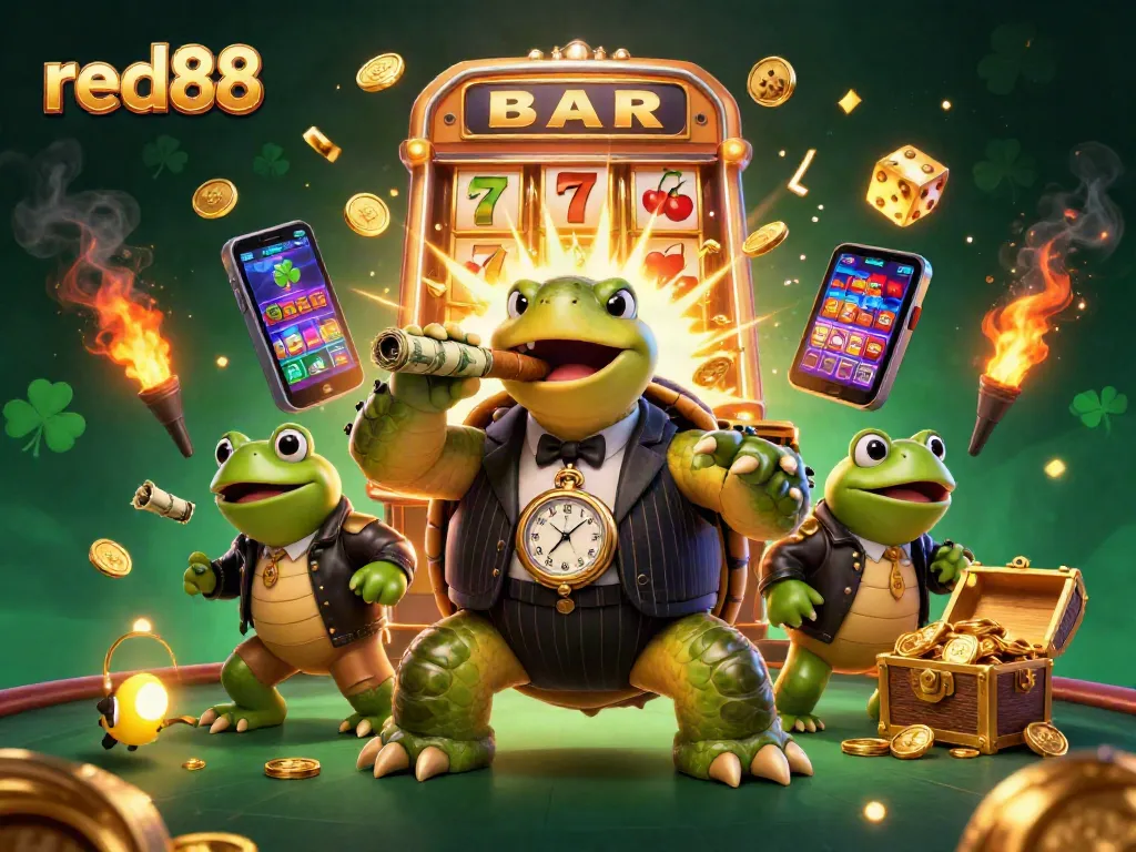 Experience the thrill of red88 with a lively casino scene featuring a snapping turtle in a pinstripe suit.