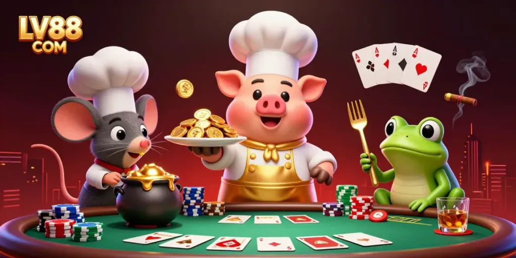 Experience excitement at LV88 COM with the animated casino scene showcasing a chef pig and delicious gold coins.