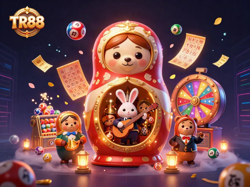 Engage with TR88 by exploring a vibrant casino scene filled with colorful lottery games.