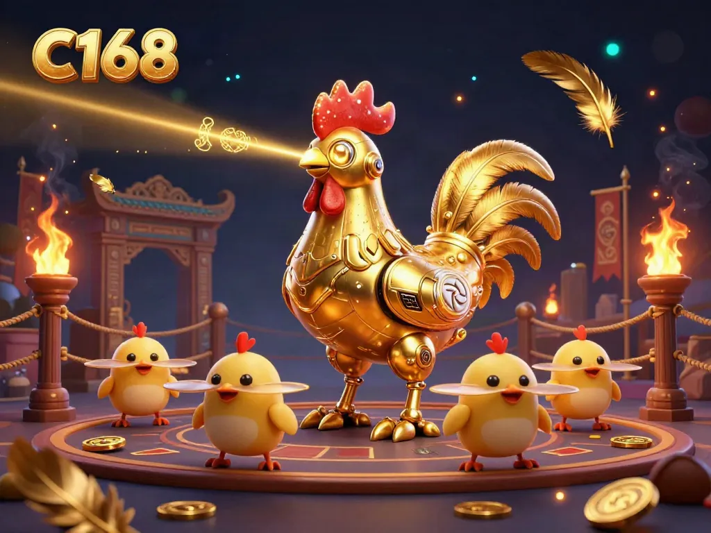 Engage in thrilling casino action with C168's iconic golden rooster shooting lasers in a vibrant 3D illustration.