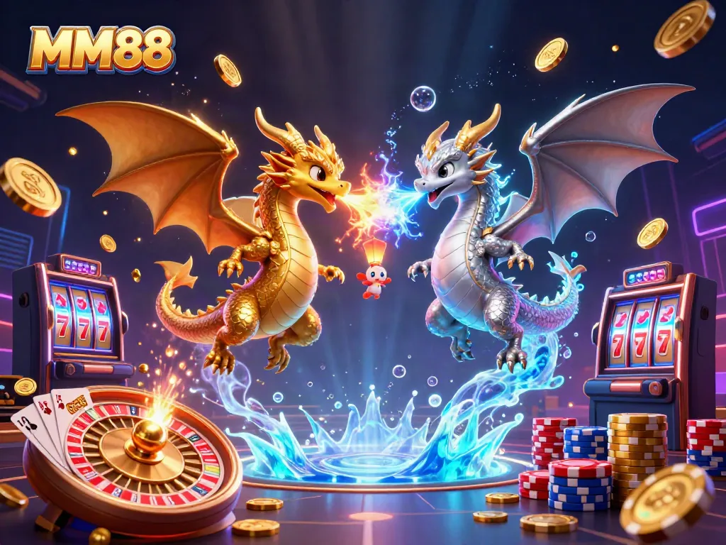Win big with MM88 in a vibrant casino showdown featuring intertwined dragons and thrilling game elements.