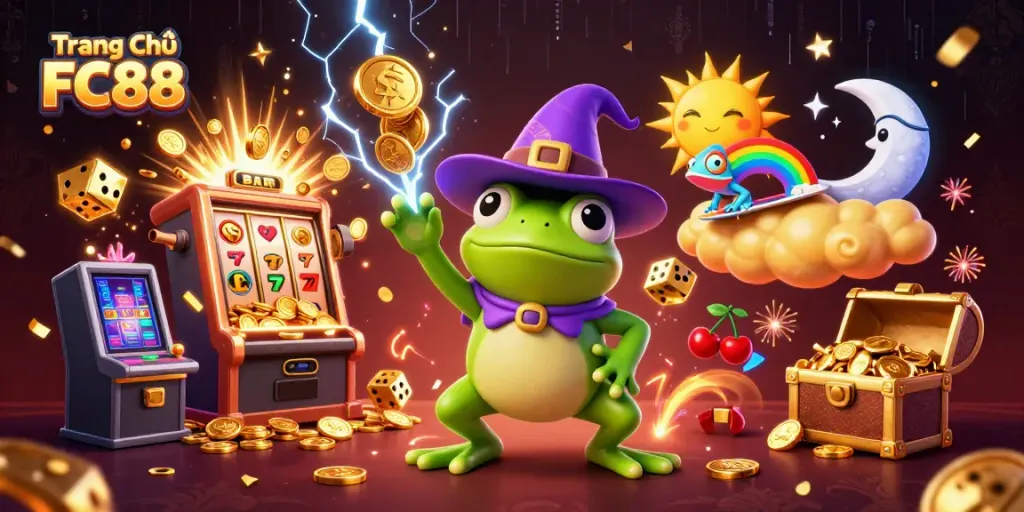 Experience a vibrant, energetic scene at Trang Chủ FC88, showcasing a whimsical casino atmosphere with golden coins and dynamic characters.