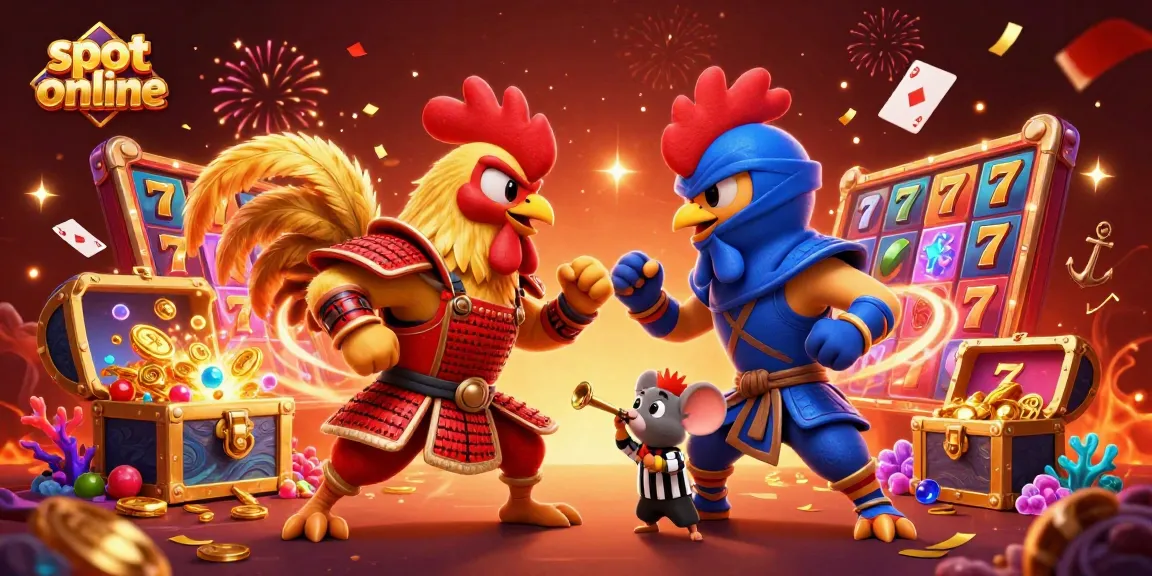 Engage with dynamic slot online gameplay featuring twin rooster fighters and vibrant slot reels.