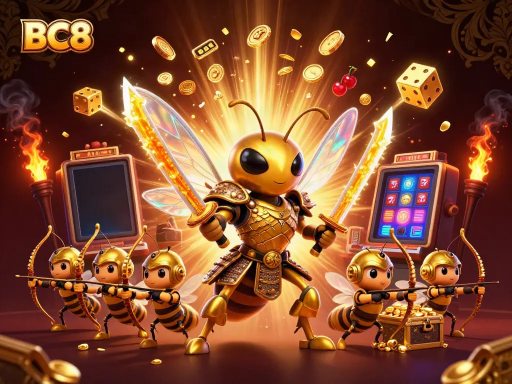 BC8 promotes excitement with animated golden hornet warriors and a vibrant jackpot scene.