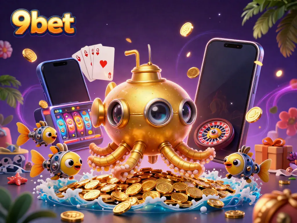 Engage with thrilling 9bet experiences featuring a golden kraken submarine in a casino-themed wonderland.