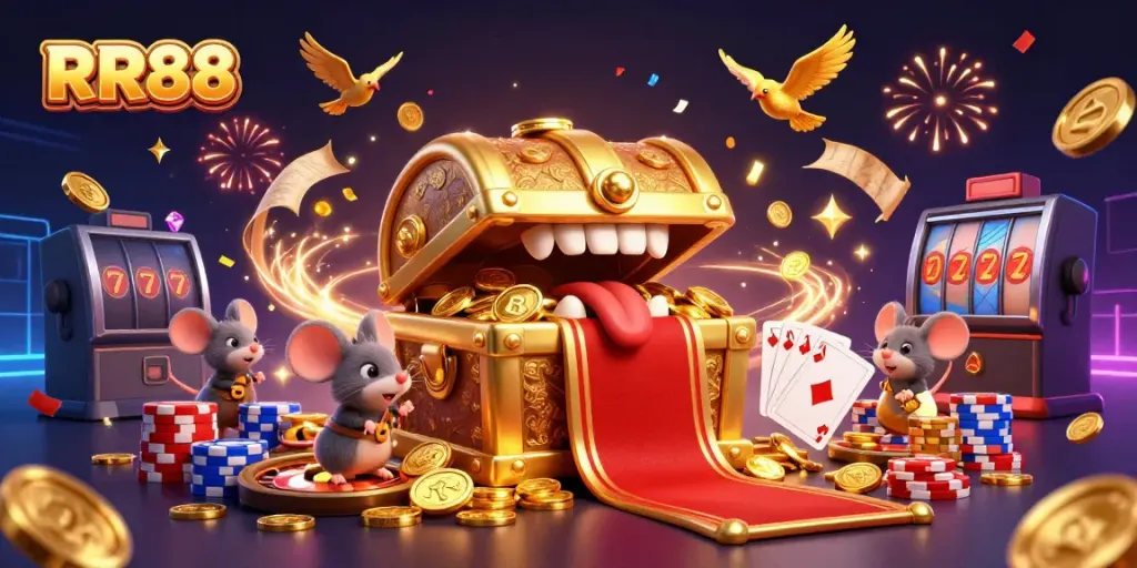 Experience a thrilling gaming adventure at RR88, featuring treasure chests and vibrant casino elements.