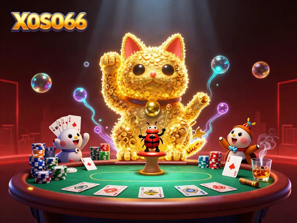 Experience winning with XOSO66's lucky cat in a vibrant 3D casino illustration featuring poker elements.