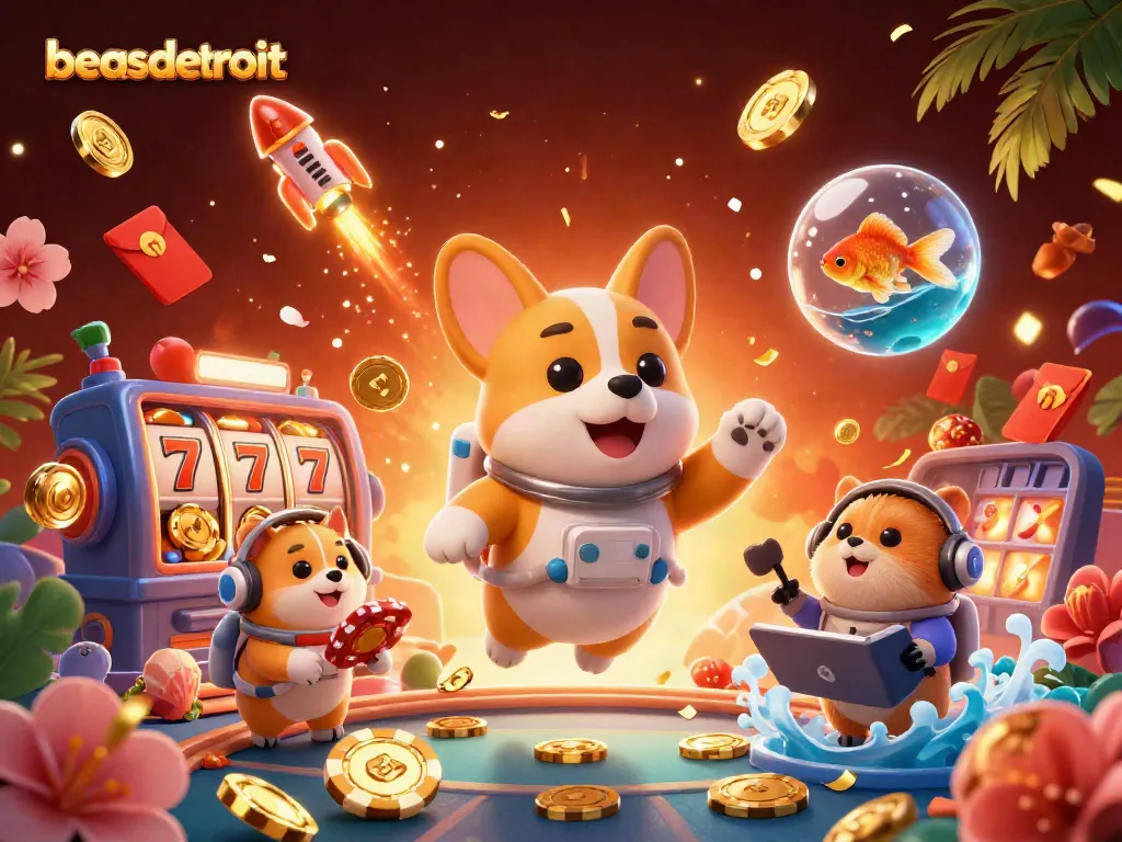 Watch the beasdetroit astronaut corgi play in a vibrant casino scene with drifting poker chips and golden coins.