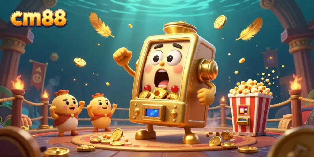 Experience cm88's colorful gold-filled celebration with a golden slot machine hitting the jackpot surrounded by cheering machines.