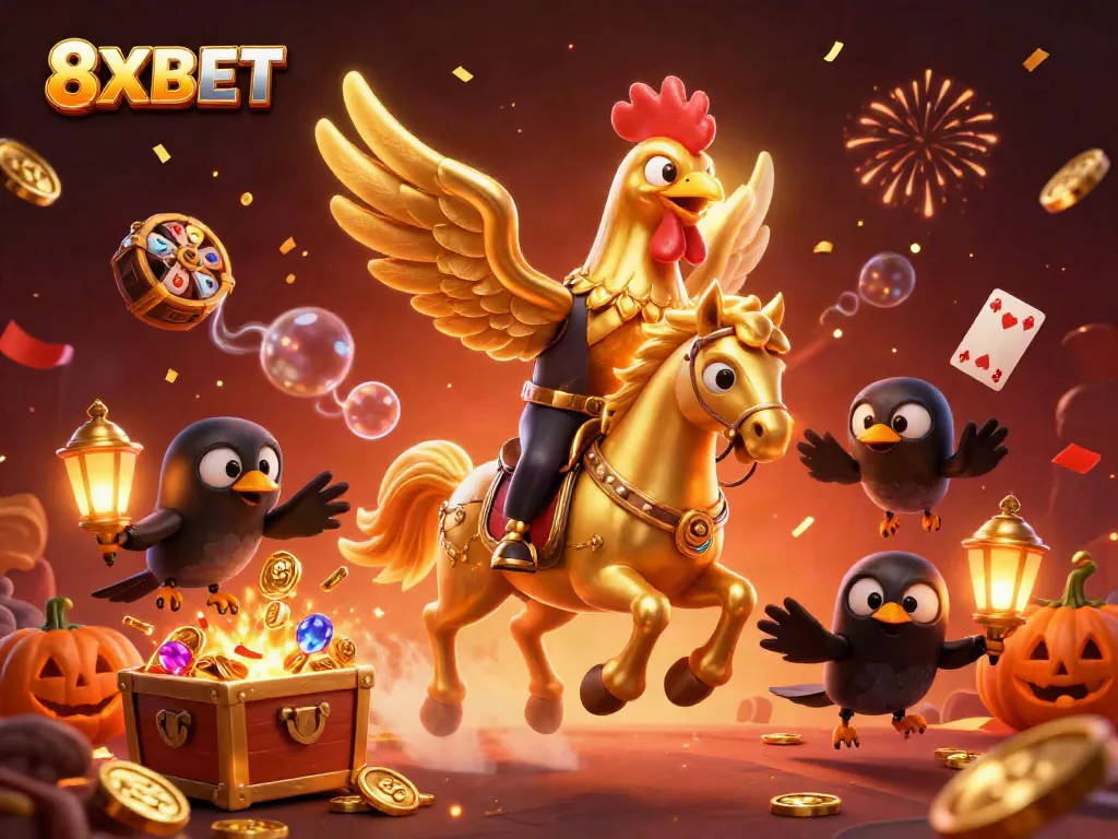 Experience the vibrant thrill of 8XBET with a golden rooster in a magical casino scene.