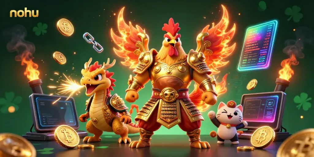 Play with nohu's thrilling games alongside a rooster warrior and dragon hatchling amidst vibrant casino-themed elements.