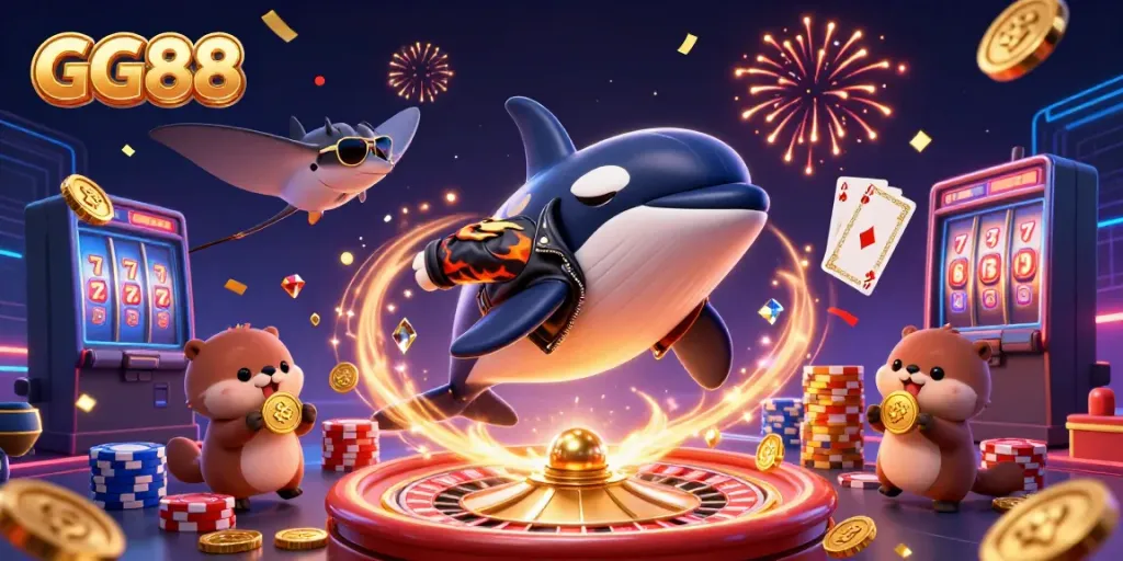 Experience the excitement of GG88 with an orca, stingray, and otters amidst dynamic casino elements.