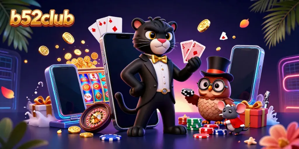 Win big with b52club in this vibrant online casino scene featuring a tuxedo-clad panther, wise owl, and lucky mouse