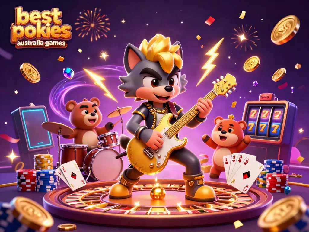 Engage with the best online pokies Australia games through a vibrant 3D illustration featuring dynamic characters and gaming elements.