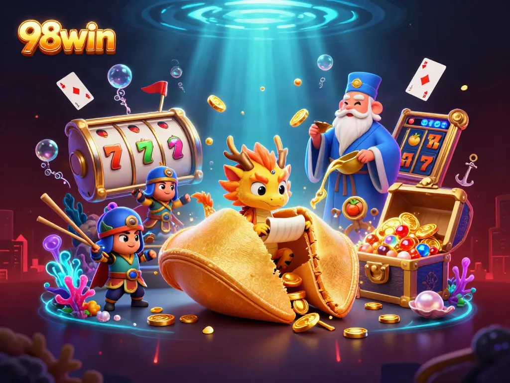 Engage in thrilling gaming action at 98win with a vibrant casino scene featuring dynamic elements.