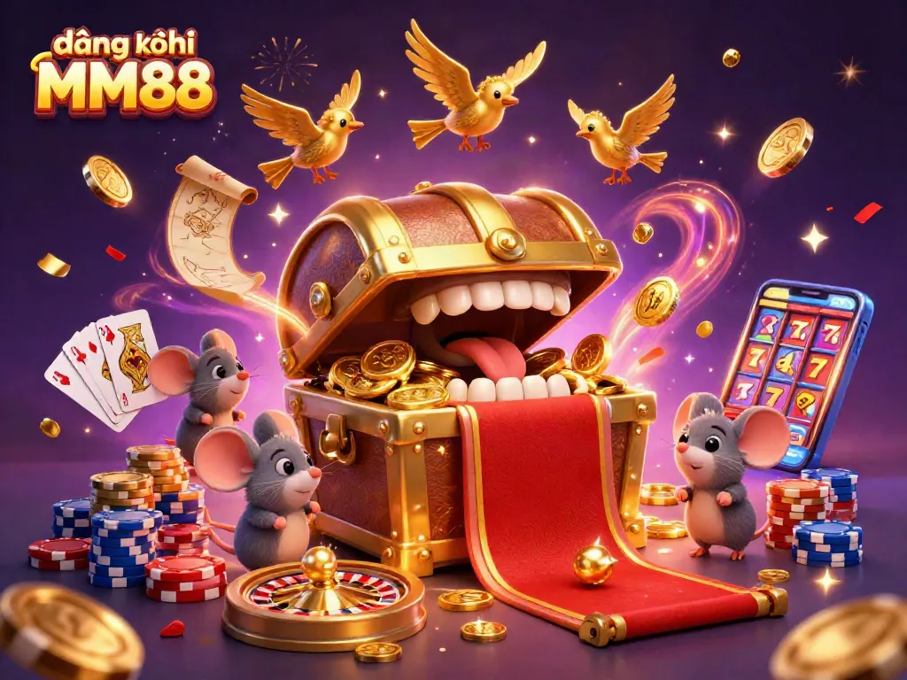 Spin to win with đăng ký MM88 and discover treasures with a golden treasure chest and dazzling casino elements.
