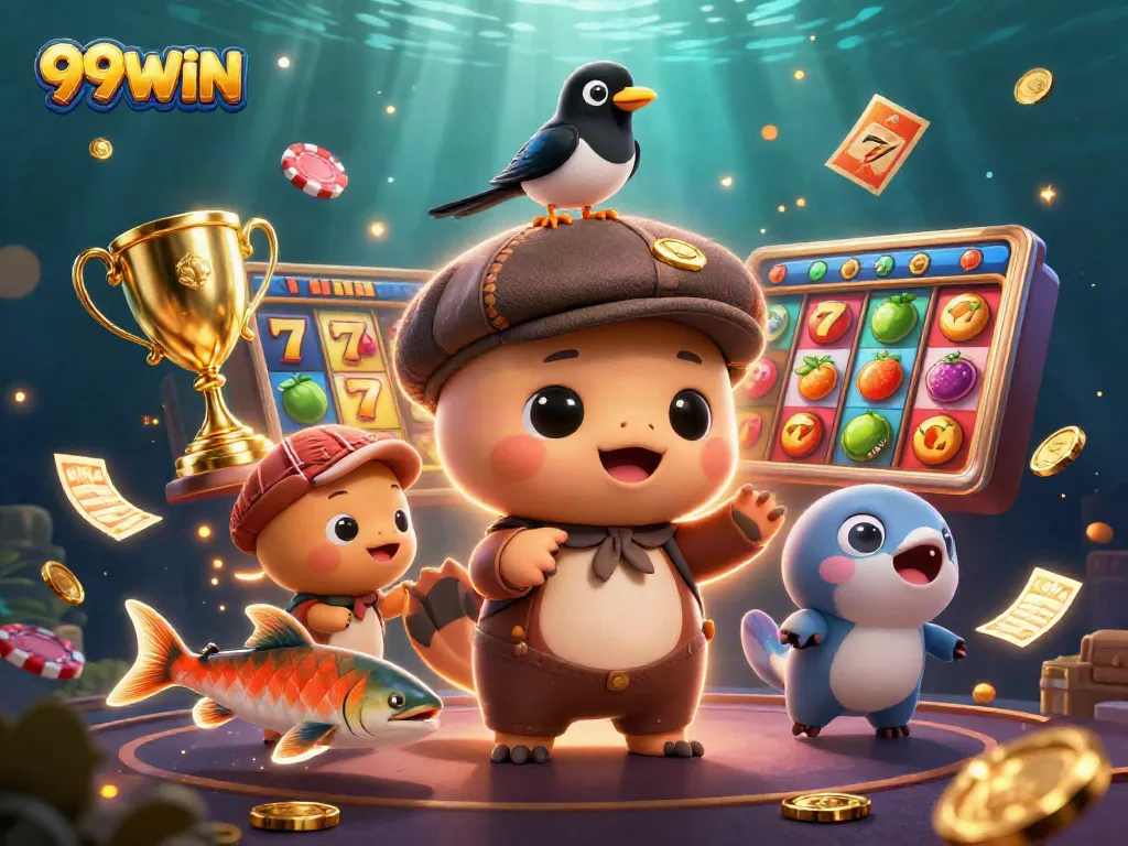 Engage with 99WIN through an exciting scene filled with slot reels, gold coins, and lively characters.