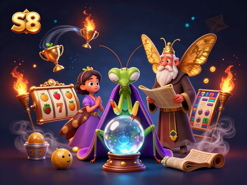 Win big with S8's engaging 3D casino experience featuring vibrant slot elements and mystical characters.