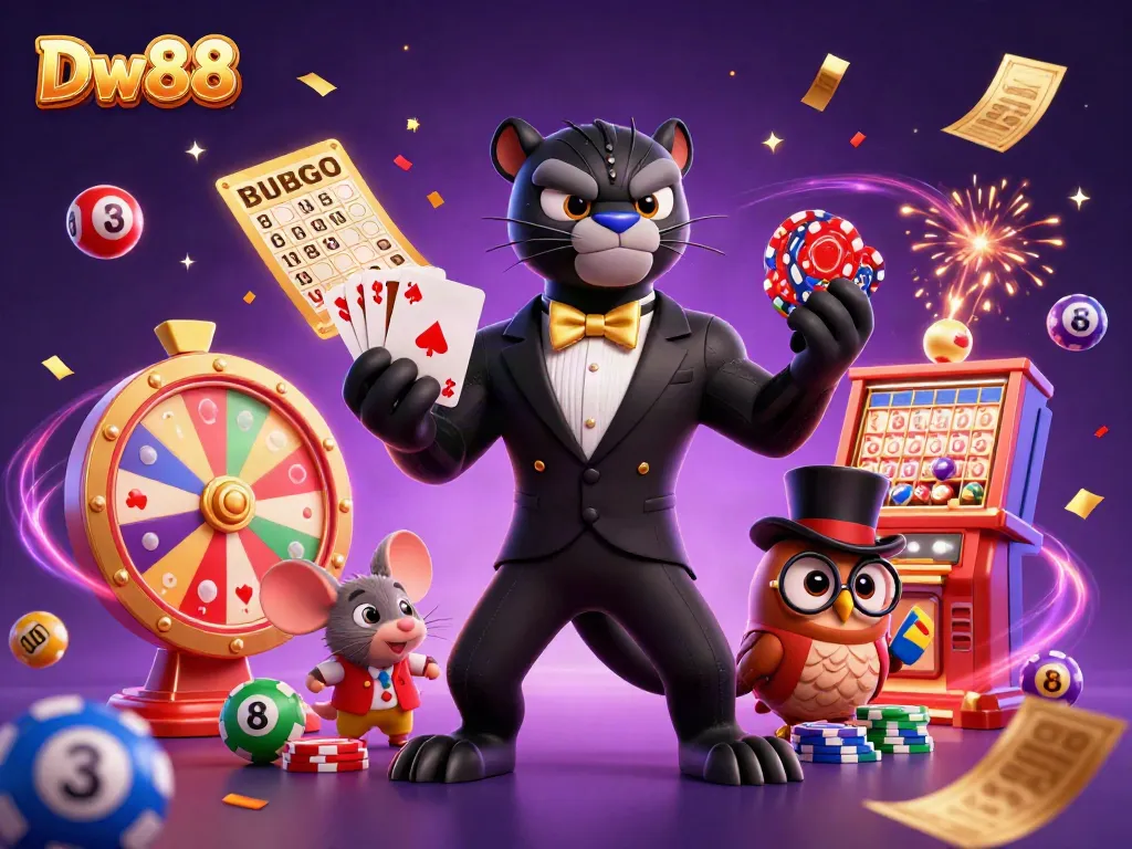 Experience excitement at Dw88 with a dynamic illustration featuring a stylish black panther dealer among colorful gaming elements.