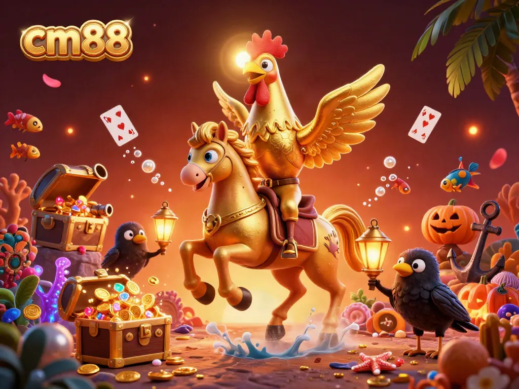 Experience cm88's vibrant casino adventure with a golden rooster headless horseman and glowing treasures.