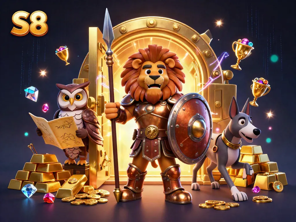 Experience high-stakes S8 casino gaming with a Spartan lion, owl, and greyhound amidst treasures.