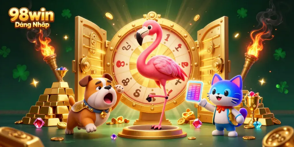 Spin the giant prize wheel with 98win Đăng Nhập and reveal exciting rewards in a vibrant casino scene.