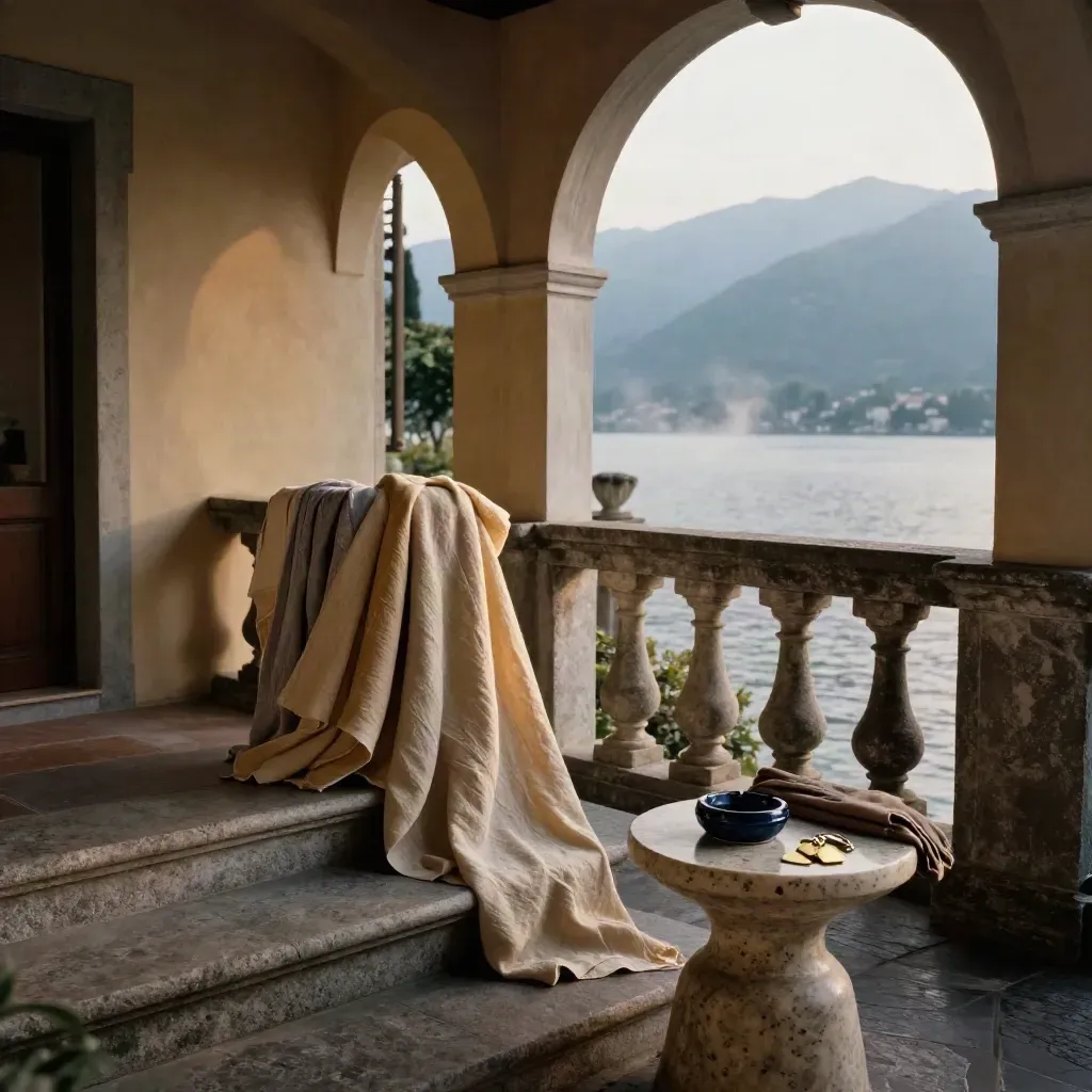 Terrazza di villa sul lago di Como con campioni di lino e tessere in ottone