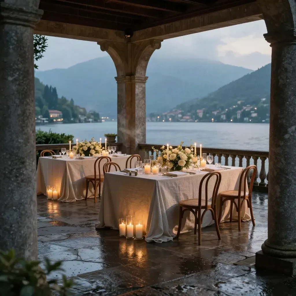 Terrazza sul lago di Como con tavoli in lino, candele e loggia di villa al tramonto.