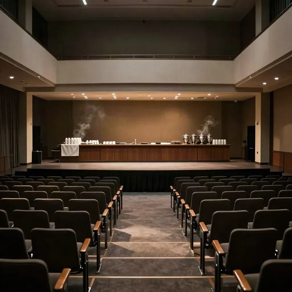 Sala conferenze vuota con palco basso, sedute ordinate e catering sul fondo in luce calda.