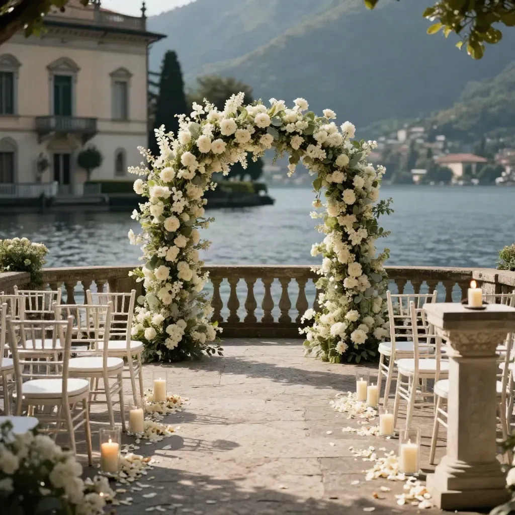 Corsia nuziale sul Lago di Como con sedie chiare, arco fiorito, candele e altare in pietra.