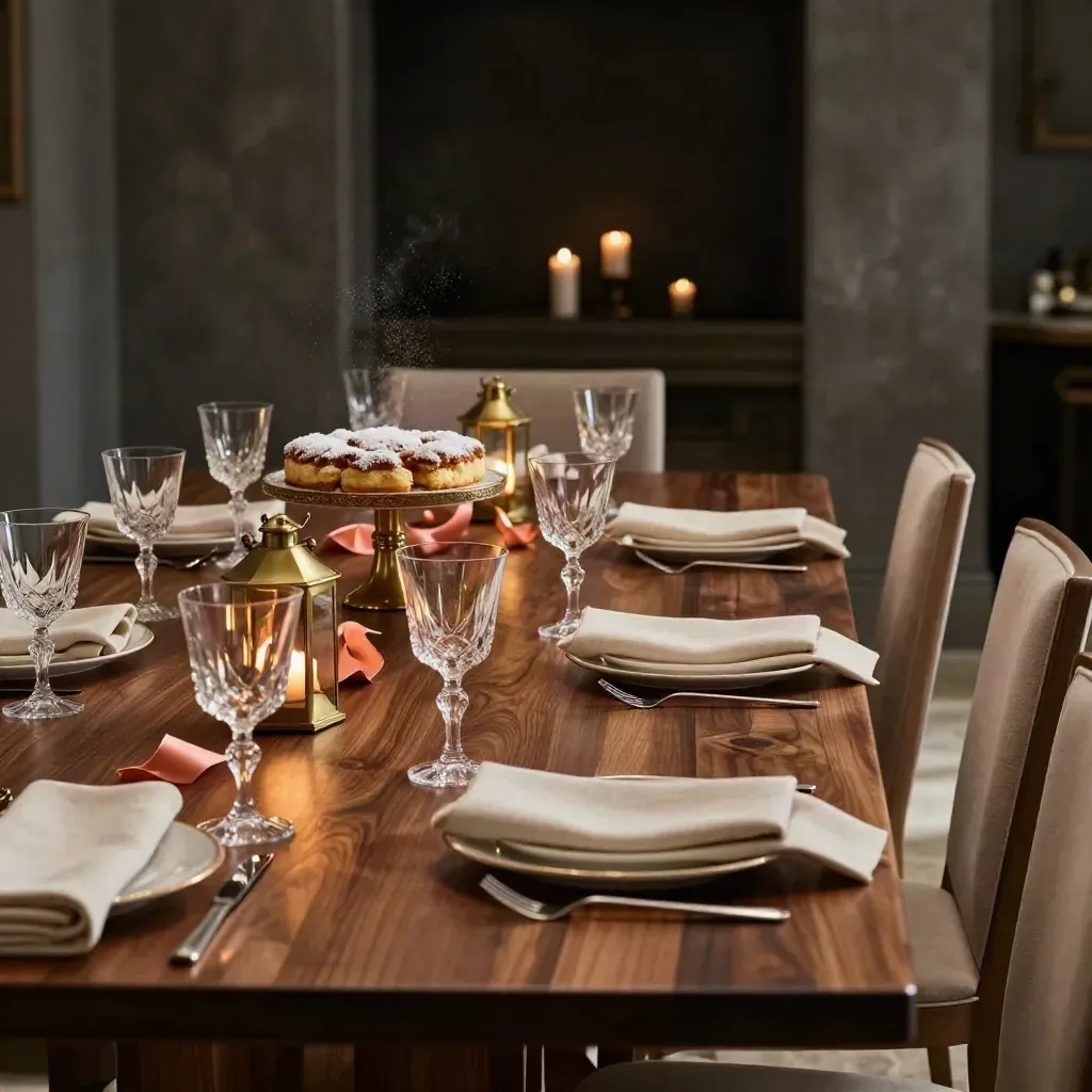 Tavola di compleanno privata apparecchiata con lanterne, calici e torta, luce calda ed elegante.