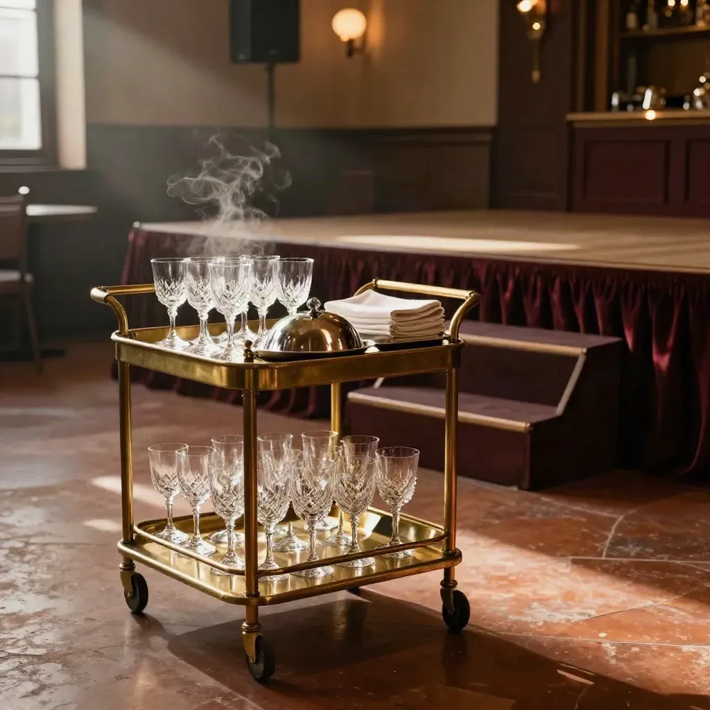 Trolley dorato, cloche e calici accanto a un palco buffet in allestimento