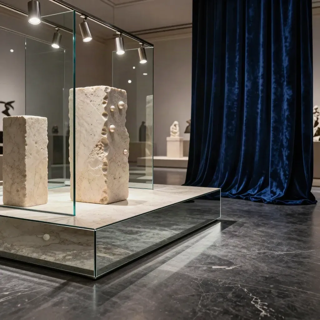 Showroom romano buio con piedistalli scultorei, velluto blu e luce drammatica prima del lancio.