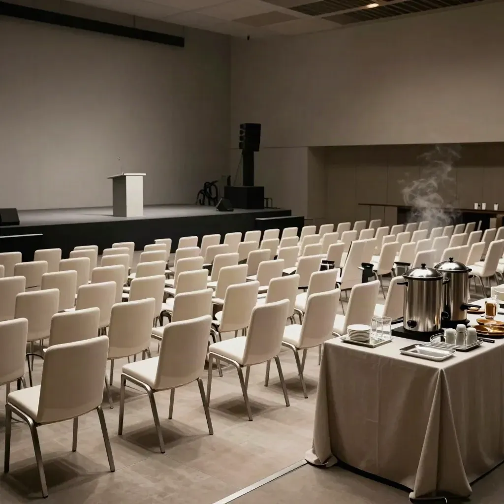 Sala conferenze pronta, con sedie ordinate, palco, audio e catering con vapore di caffè.