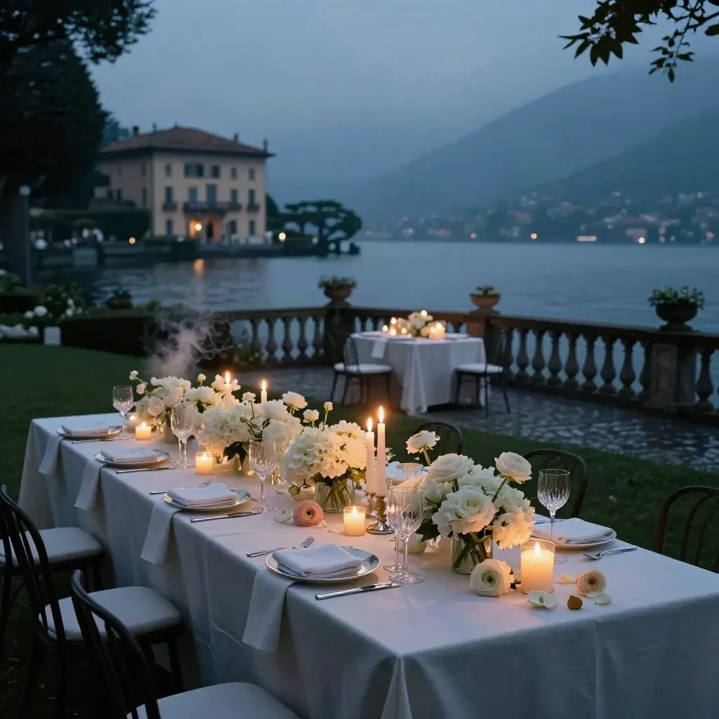 Tavolo nuziale su villa al Lago di Como, al crepuscolo, con candele e fiori bianchi.