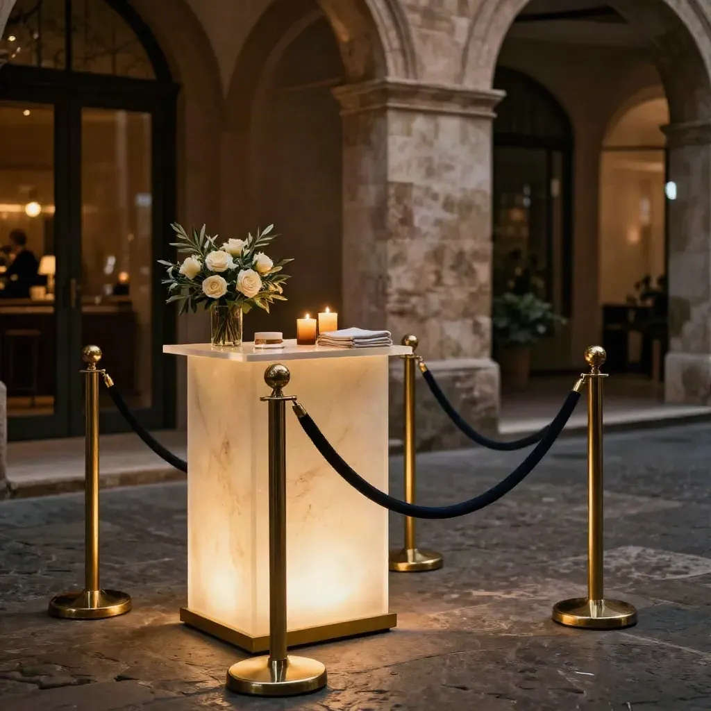 Cortile romano allestito per un lancio prodotto, con plinti illuminati e banco accoglienza.