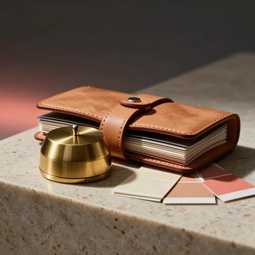 Timer in ottone, agenda in pelle e swatch su travertino, luce radente calda.