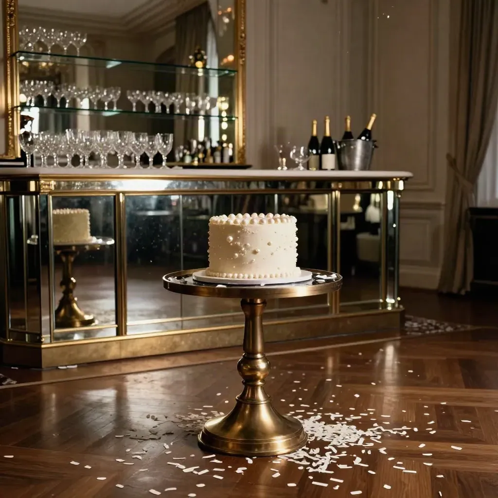 Sala festa privata a Torino con torta su piedistallo, bar a specchio e confetti sospesi.