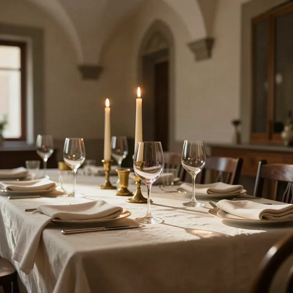 Tavola aziendale fiorentina apparecchiata con candele, calici e tovaglioli piegati, luce calda e soffusa.