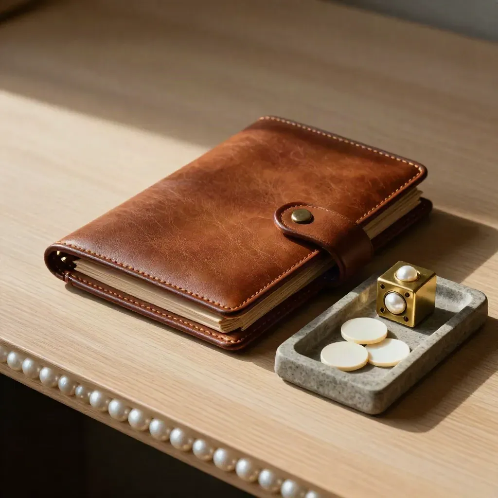 Folio in pelle, cubo calendario in ottone e gettoni bianchi su legno chiaro