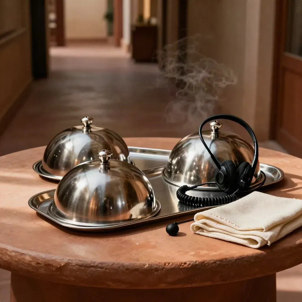 Linea di servizio con cloche, tray in acciaio, cuffia e vapore in un corridoio catering