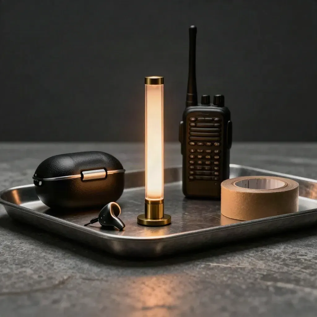 Luce cue, radio, case auricolare e nastro gaffer su metallo spazzolato.