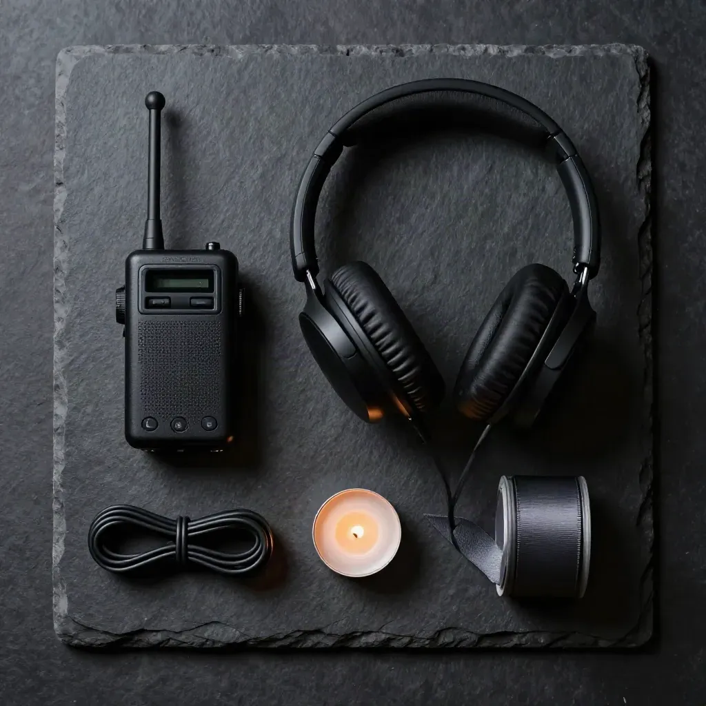 Kit fornitori con radio, cuffia, fascette, tealight e nastro su ardesia scura.