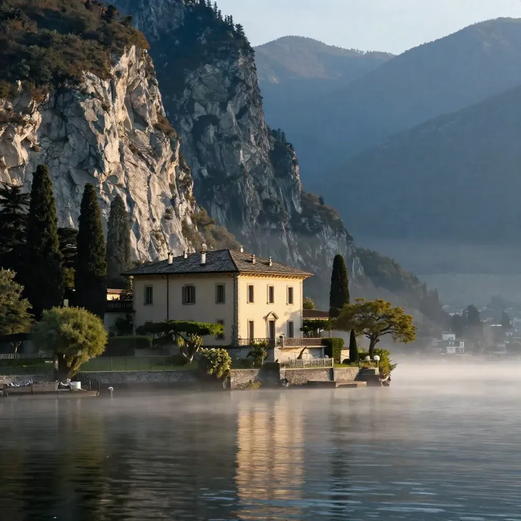 Lago di Como all’alba con villa terrazzata e nebbia sottile, luce morbida e acqua immobile